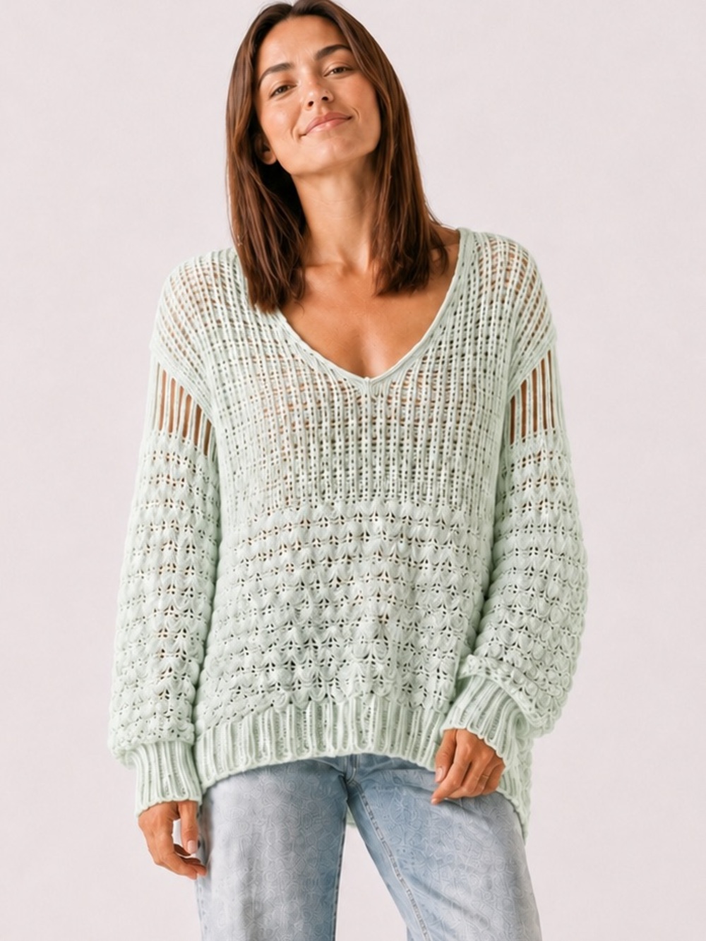 Free People Crashing Waves Mint Green Open Knit Oversized Sweater XS
